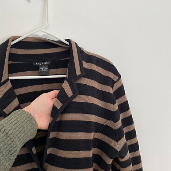 AUDREY & GRACE Brown Black Horizontal Striped Button 100% Cotton Sweater Blazer - Picture 5 of 13